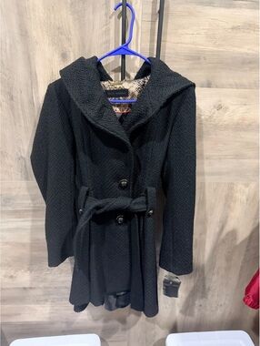 Steve Madden Women's Black Wool Blend Hooded Belted Coat Size Medium